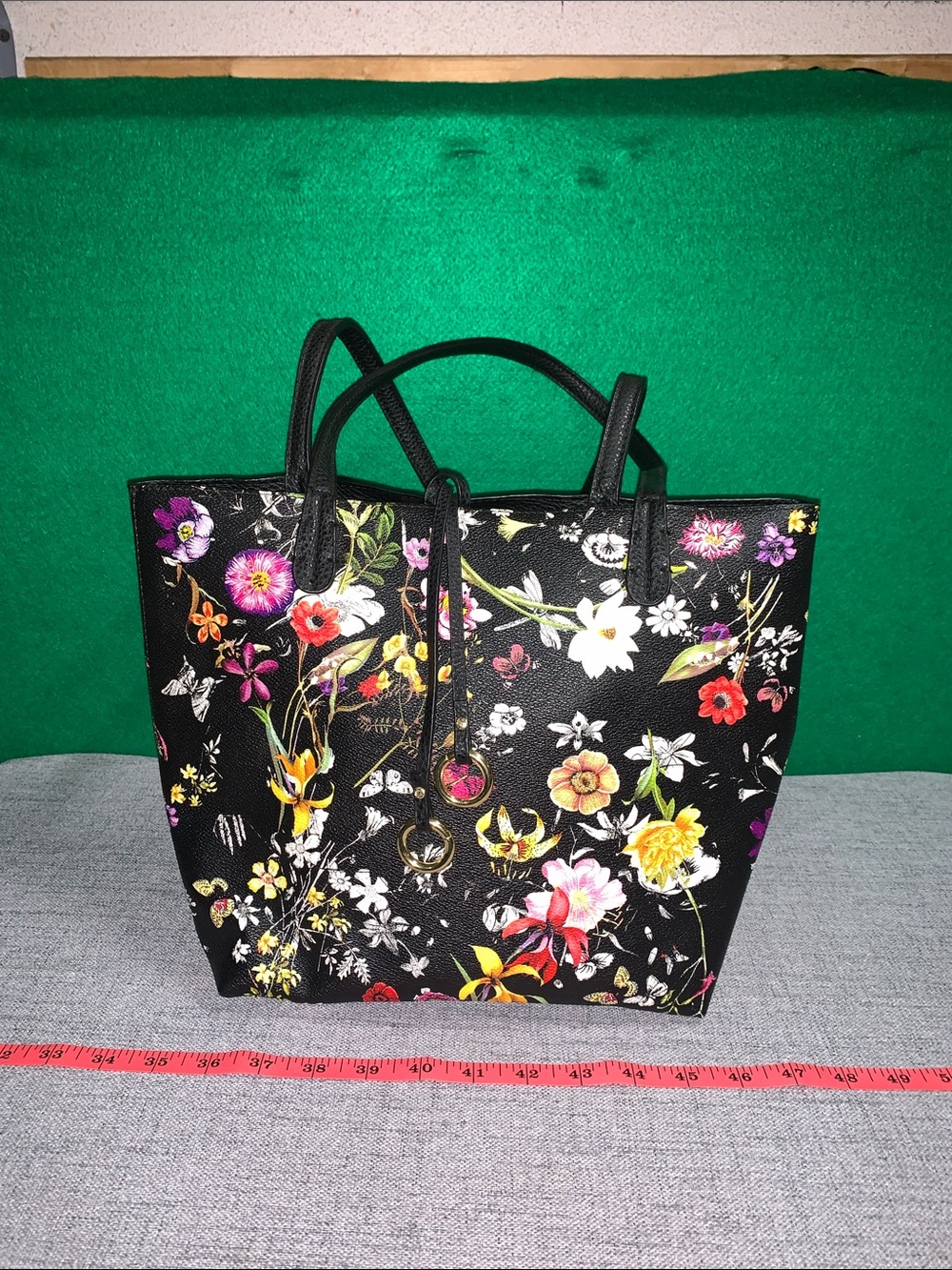 Black Floral Shoulder Tote Bag with Multicolor Bloom Print